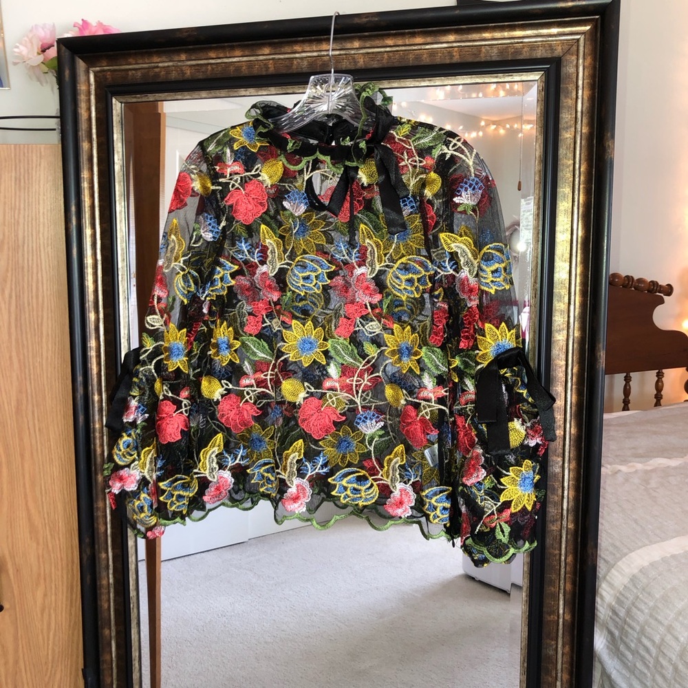 Floral Embroidered Lace Blouse - Sheer High Neck & Bow Details